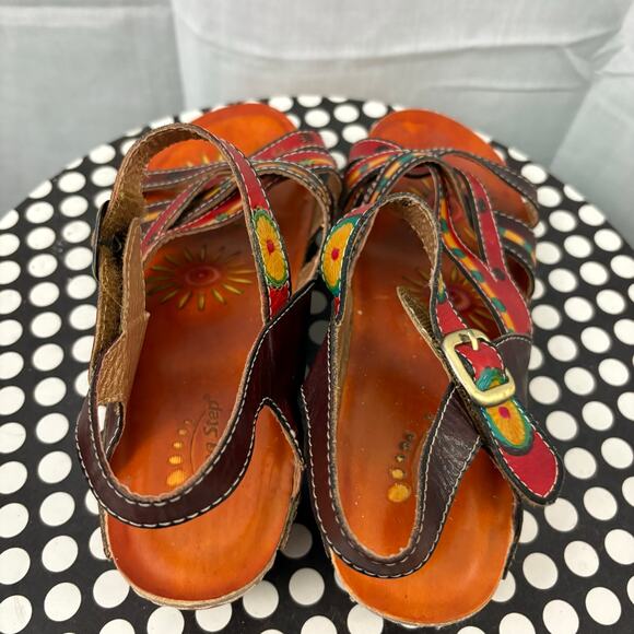 Spring Step Sandals Women 36 / 5.5-6 Red Brown Embossed Leather Union Wedge - Picture 4 of 7